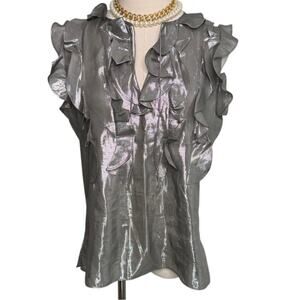 Vintage 90s/Y2K Lauren Ralph Lauren metallic silk ruffle blouse silver size 10